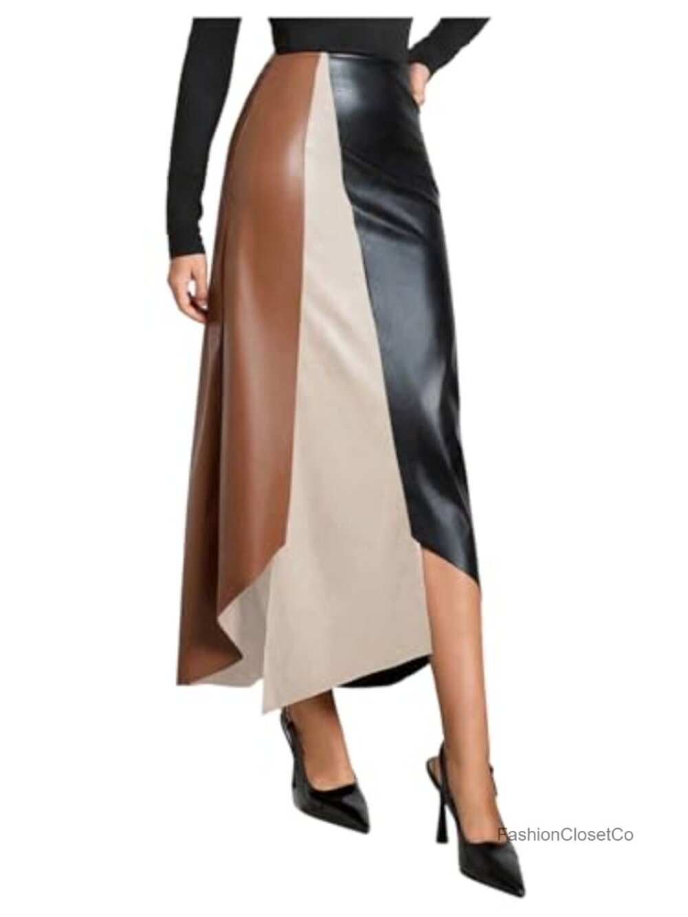 Faux Leather High Waisted Asymmetrical Long Skirt Fit Flare Wear to Work